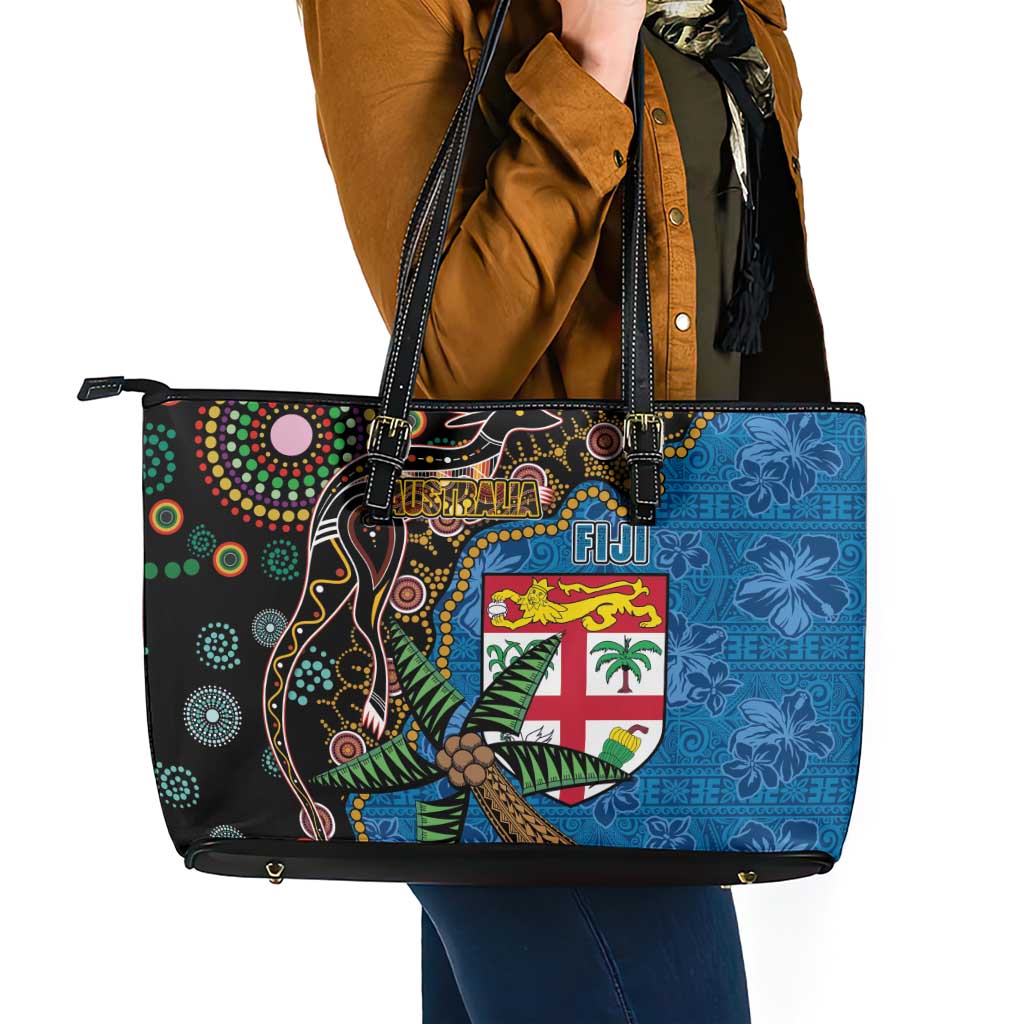 Fijian and Australian Culture Together Leather Tote Bag Aboriginal Art and Tapa Motifs with Kangaroo and Palm Tree - Polynesian Pride
