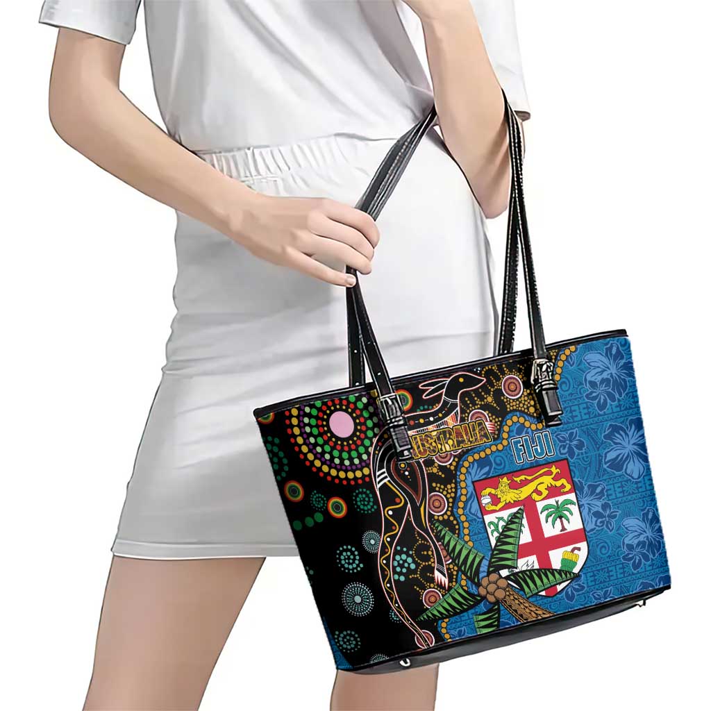 Fijian and Australian Culture Together Leather Tote Bag Aboriginal Art and Tapa Motifs with Kangaroo and Palm Tree - Polynesian Pride