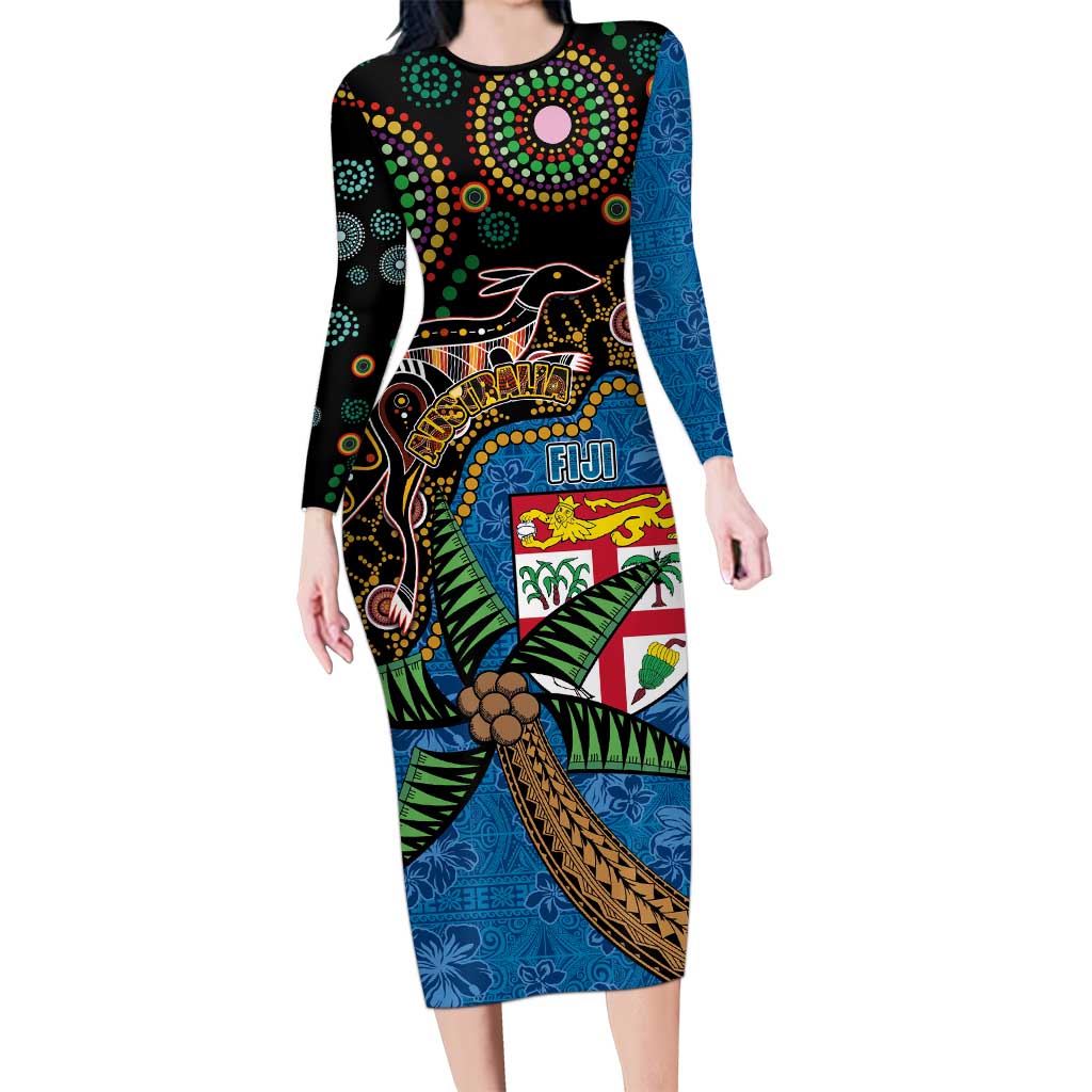 Fijian and Australian Culture Together Long Sleeve Bodycon Dress Aboriginal Art and Tapa Motifs with Kangaroo and Palm Tree - Polynesian Pride