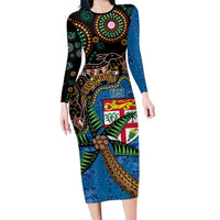 Fijian and Australian Culture Together Long Sleeve Bodycon Dress Aboriginal Art and Tapa Motifs with Kangaroo and Palm Tree - Polynesian Pride