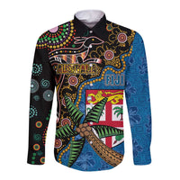 Fijian and Australian Culture Together Long Sleeve Button Shirt Aboriginal Art and Tapa Motifs with Kangaroo and Palm Tree - Polynesian Pride