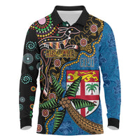 Fijian and Australian Culture Together Long Sleeve Polo Shirt Aboriginal Art and Tapa Motifs with Kangaroo and Palm Tree - Polynesian Pride