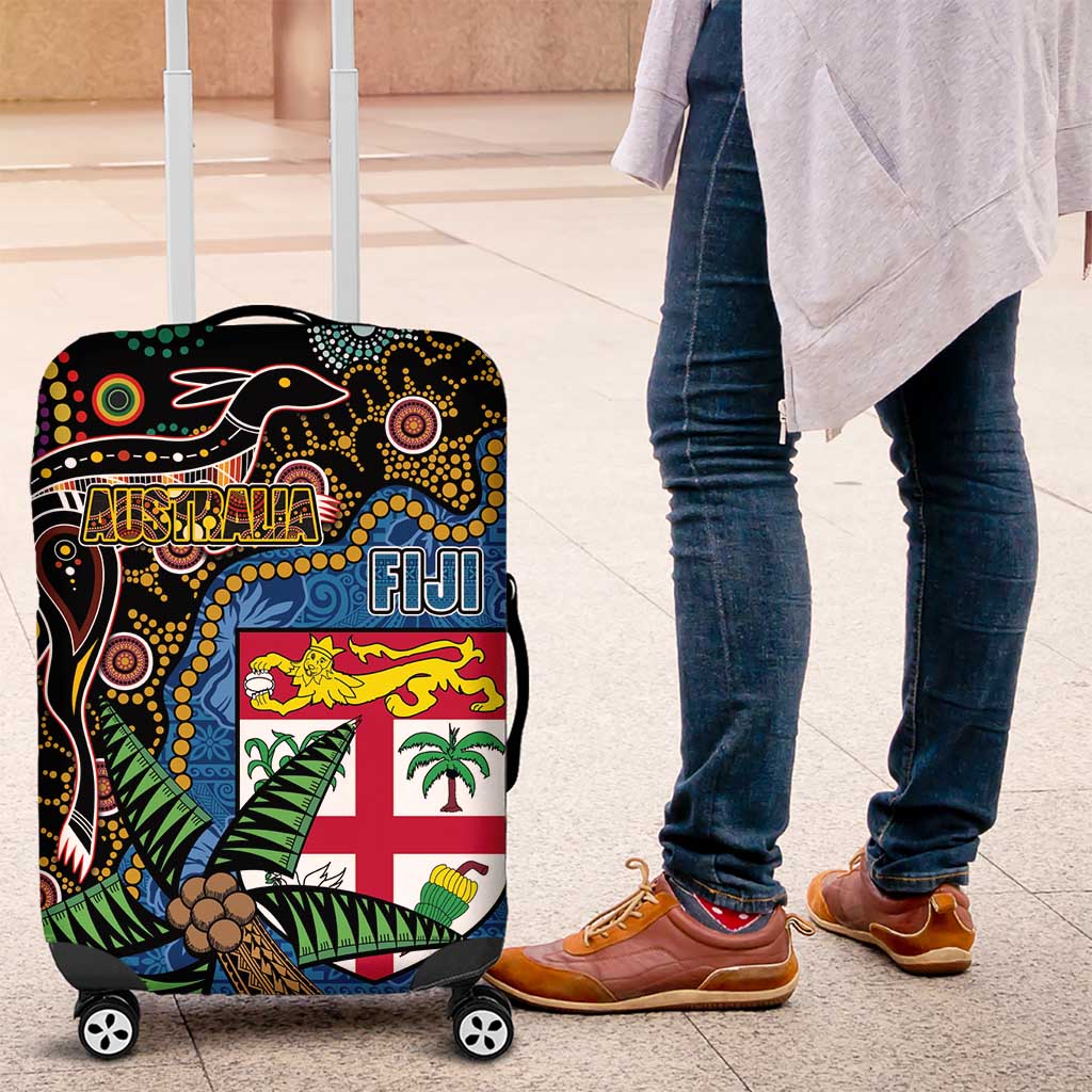Fijian and Australian Culture Together Luggage Cover Aboriginal Art and Tapa Motifs with Kangaroo and Palm Tree LT03 Black - Polynesian Pride