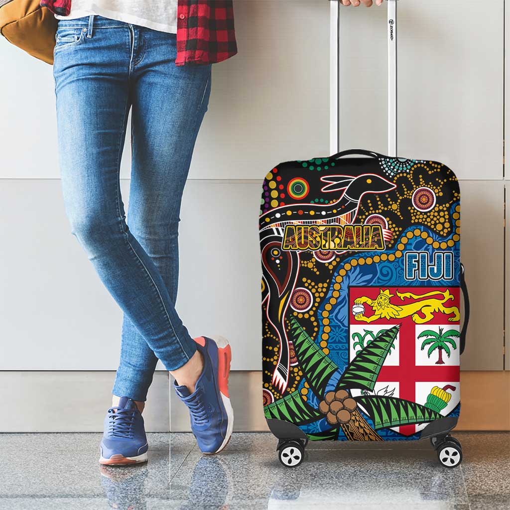 Fijian and Australian Culture Together Luggage Cover Aboriginal Art and Tapa Motifs with Kangaroo and Palm Tree - Polynesian Pride