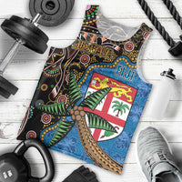Fijian and Australian Culture Together Men Tank Top Aboriginal Art and Tapa Motifs with Kangaroo and Palm Tree - Polynesian Pride