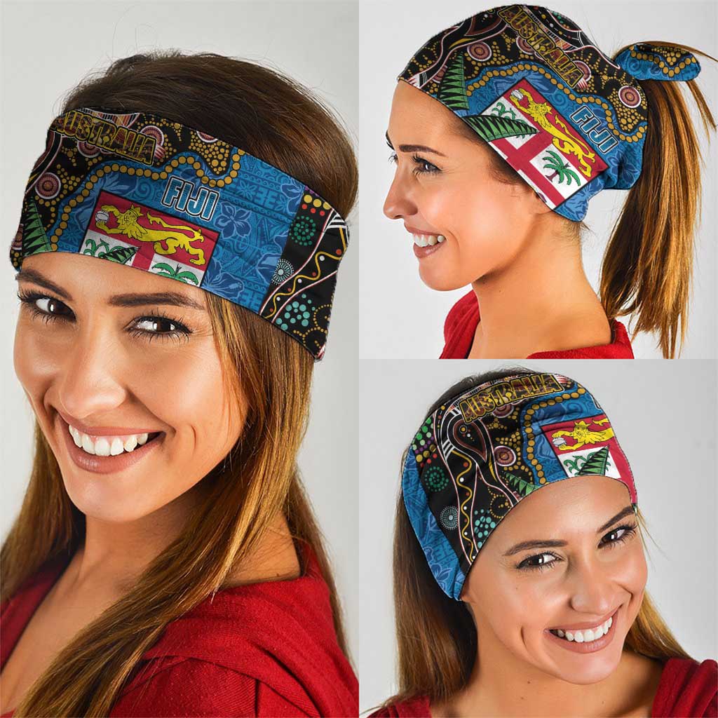 Fijian and Australian Culture Together Neck Gaiter Aboriginal Art and Tapa Motifs with Kangaroo and Palm Tree - Polynesian Pride