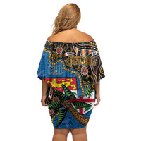 Fijian and Australian Culture Together Off Shoulder Short Dress Aboriginal Art and Tapa Motifs with Kangaroo and Palm Tree - Polynesian Pride