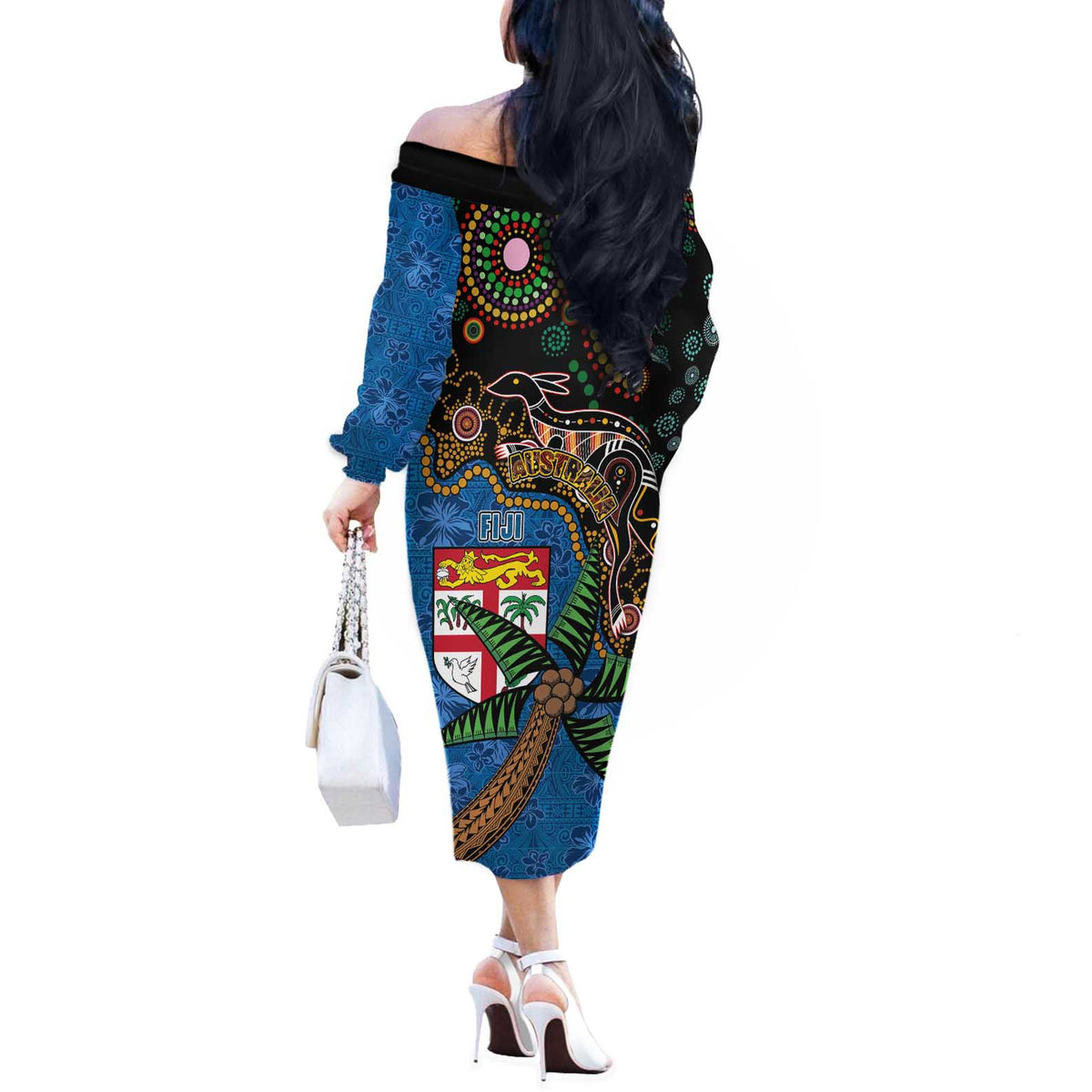 Fijian and Australian Culture Together Off The Shoulder Long Sleeve Dress Aboriginal Art and Tapa Motifs with Kangaroo and Palm Tree - Polynesian Pride