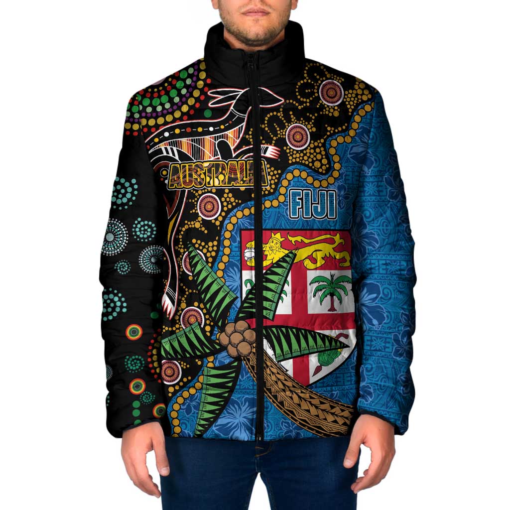 Fijian and Australian Culture Together Padded Jacket Aboriginal Art and Tapa Motifs with Kangaroo and Palm Tree - Polynesian Pride