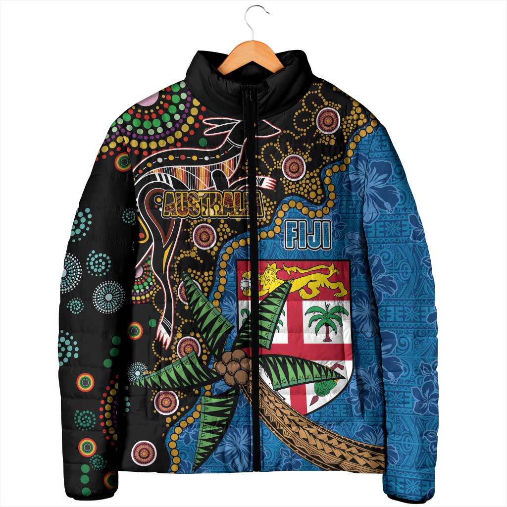Fijian and Australian Culture Together Padded Jacket Aboriginal Art and Tapa Motifs with Kangaroo and Palm Tree - Polynesian Pride