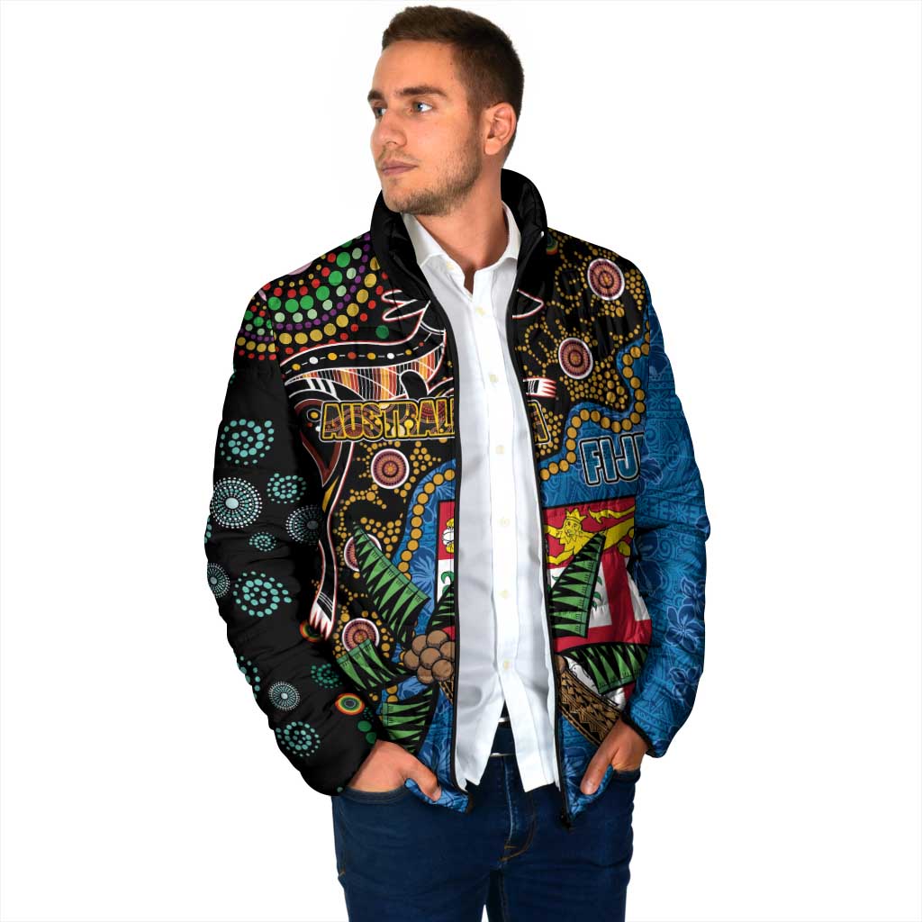 Fijian and Australian Culture Together Padded Jacket Aboriginal Art and Tapa Motifs with Kangaroo and Palm Tree - Polynesian Pride