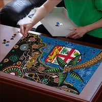 Fijian and Australian Culture Together Puzzle Aboriginal Art and Tapa Motifs with Kangaroo and Palm Tree - Polynesian Pride