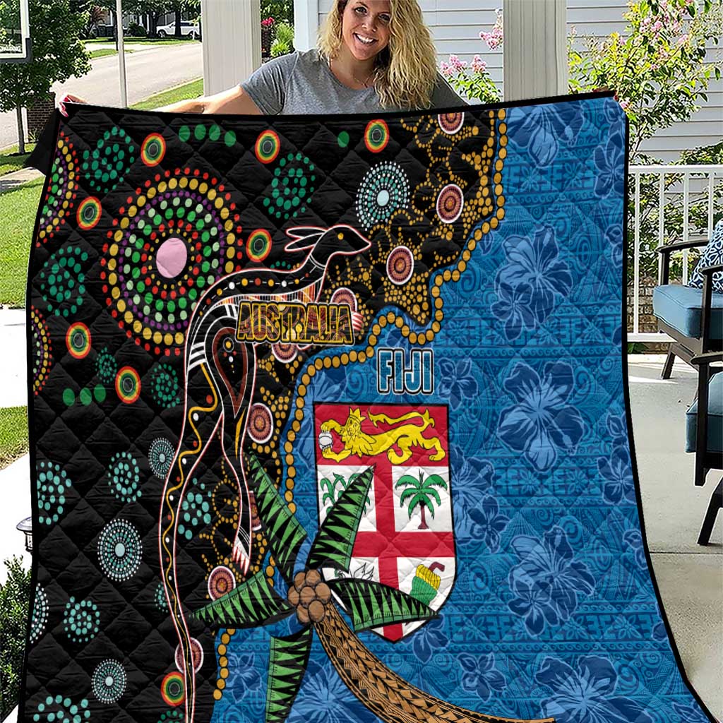 Fijian and Australian Culture Together Quilt Aboriginal Art and Tapa Motifs with Kangaroo and Palm Tree LT03 Black - Polynesian Pride