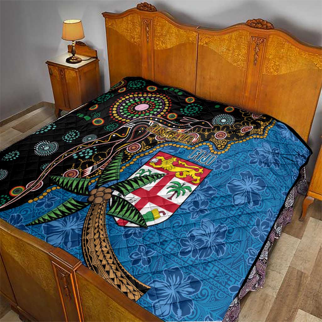 Fijian and Australian Culture Together Quilt Aboriginal Art and Tapa Motifs with Kangaroo and Palm Tree - Polynesian Pride