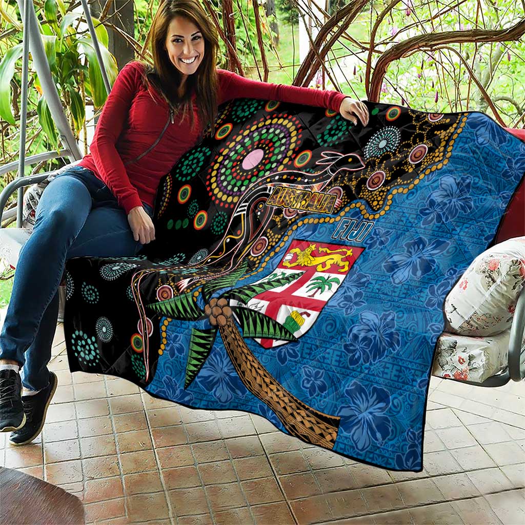 Fijian and Australian Culture Together Quilt Aboriginal Art and Tapa Motifs with Kangaroo and Palm Tree - Polynesian Pride