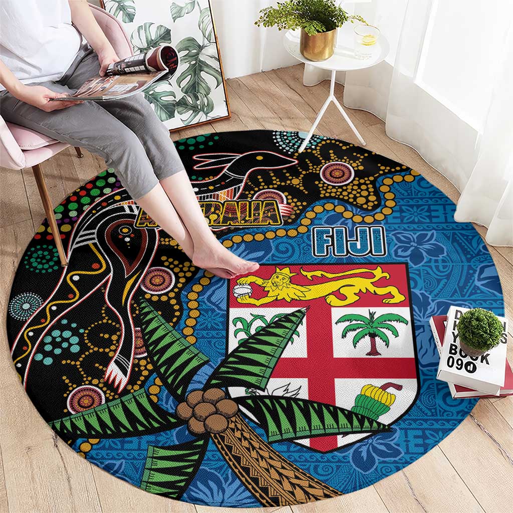 Fijian and Australian Culture Together Round Carpet Aboriginal Art and Tapa Motifs with Kangaroo and Palm Tree - Polynesian Pride