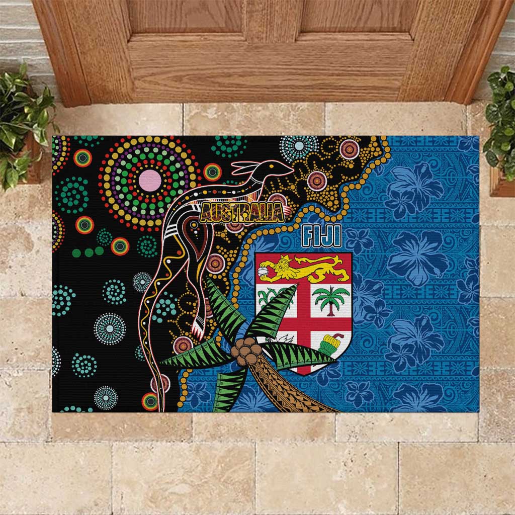 Fijian and Australian Culture Together Rubber Doormat Aboriginal Art and Tapa Motifs with Kangaroo and Palm Tree LT03 Black - Polynesian Pride