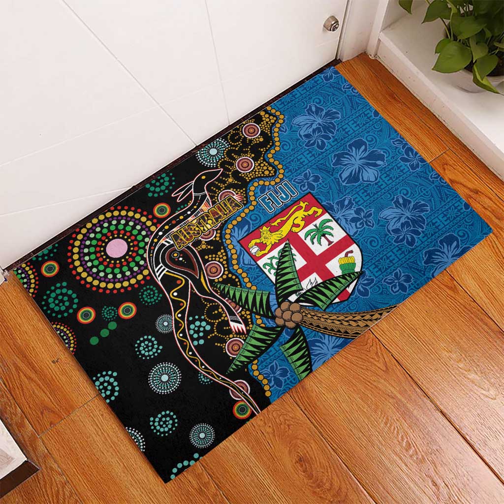 Fijian and Australian Culture Together Rubber Doormat Aboriginal Art and Tapa Motifs with Kangaroo and Palm Tree - Polynesian Pride