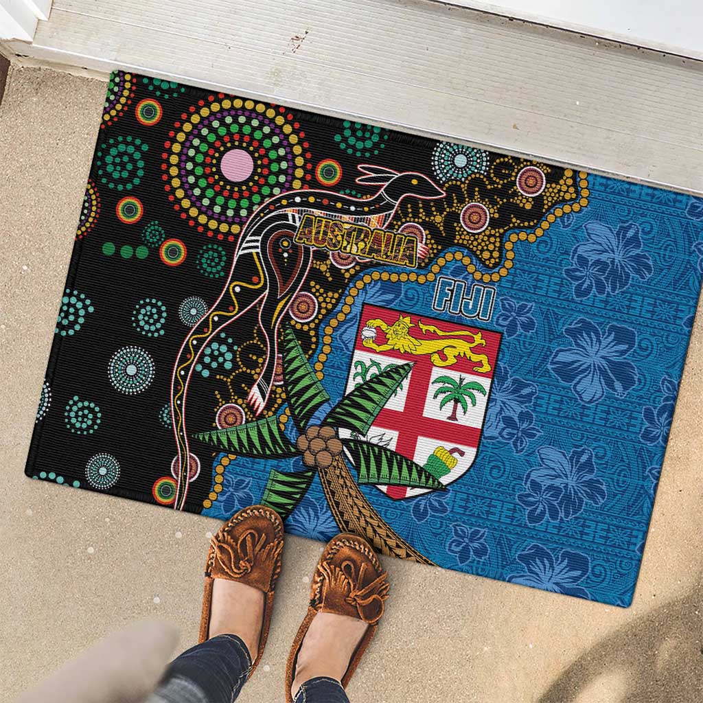 Fijian and Australian Culture Together Rubber Doormat Aboriginal Art and Tapa Motifs with Kangaroo and Palm Tree - Polynesian Pride