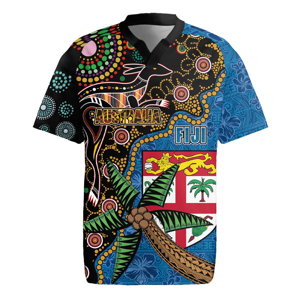 Fijian and Australian Culture Together Rugby Jersey Aboriginal Art and Tapa Motifs with Kangaroo and Palm Tree - Polynesian Pride