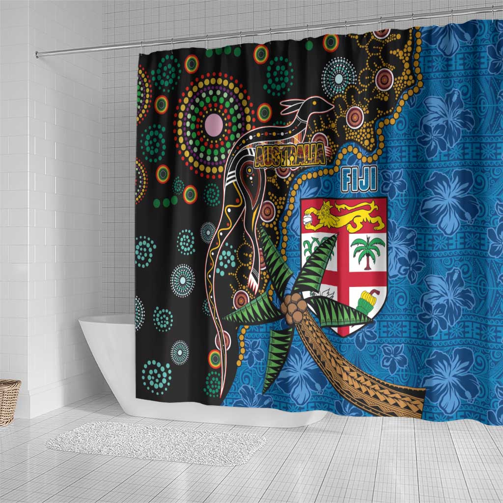 Fijian and Australian Culture Together Shower Curtain Aboriginal Art and Tapa Motifs with Kangaroo and Palm Tree - Polynesian Pride