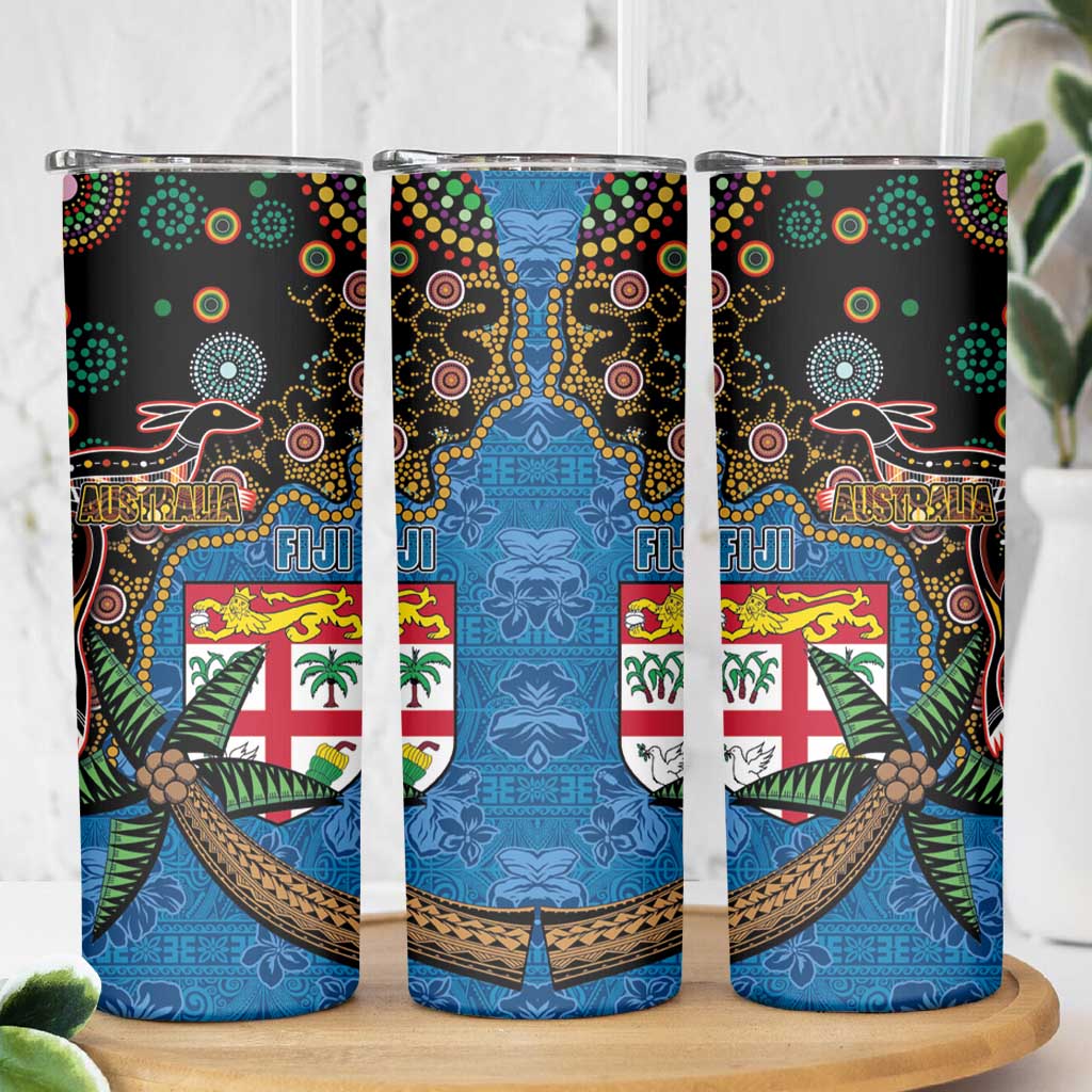 Fijian and Australian Culture Together Skinny Tumbler Aboriginal Art and Tapa Motifs with Kangaroo and Palm Tree - Polynesian Pride