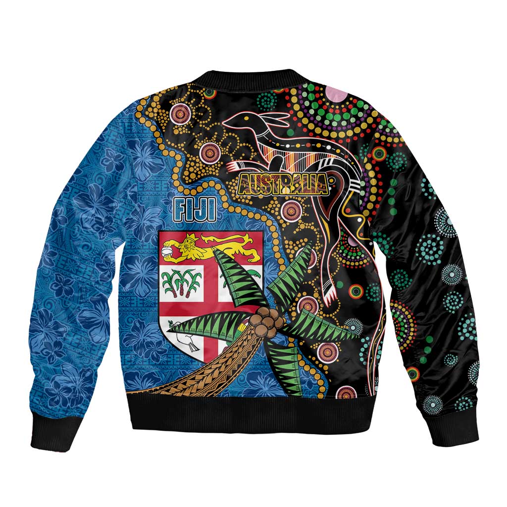Fijian and Australian Culture Together Sleeve Zip Bomber Jacket Aboriginal Art and Tapa Motifs with Kangaroo and Palm Tree - Polynesian Pride