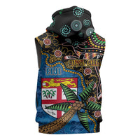 Fijian and Australian Culture Together Sleeveless Hoodie Aboriginal Art and Tapa Motifs with Kangaroo and Palm Tree - Polynesian Pride