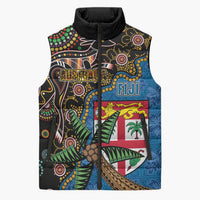 Fijian and Australian Culture Together Sleeveless Puffer Jacket Aboriginal Art and Tapa Motifs with Kangaroo and Palm Tree - Polynesian Pride