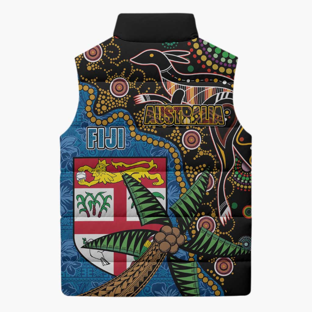 Fijian and Australian Culture Together Sleeveless Puffer Jacket Aboriginal Art and Tapa Motifs with Kangaroo and Palm Tree - Polynesian Pride