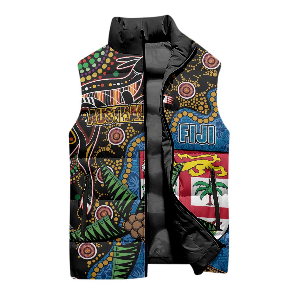 Fijian and Australian Culture Together Sleeveless Puffer Jacket Aboriginal Art and Tapa Motifs with Kangaroo and Palm Tree - Polynesian Pride