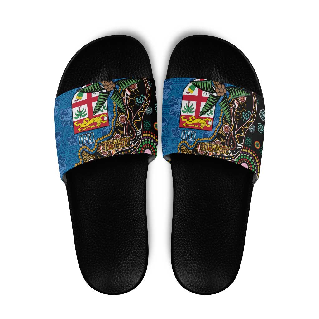 Fijian and Australian Culture Together Slide Sandals Aboriginal Art and Tapa Motifs with Kangaroo and Palm Tree LT03 Black - Polynesian Pride