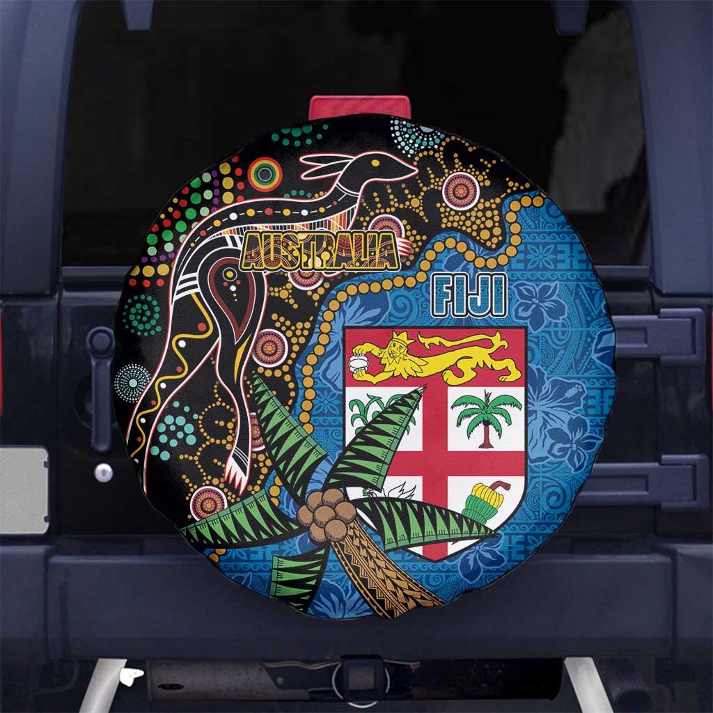 Fijian and Australian Culture Together Spare Tire Cover Aboriginal Art and Tapa Motifs with Kangaroo and Palm Tree - Polynesian Pride
