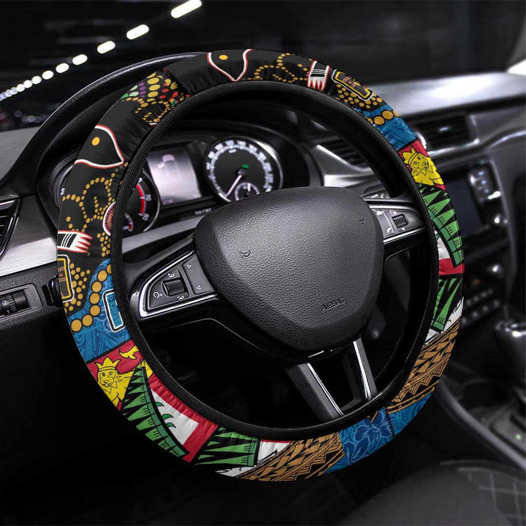 Fijian and Australian Culture Together Steering Wheel Cover Aboriginal Art and Tapa Motifs with Kangaroo and Palm Tree LT03 Universal Fit Black - Polynesian Pride