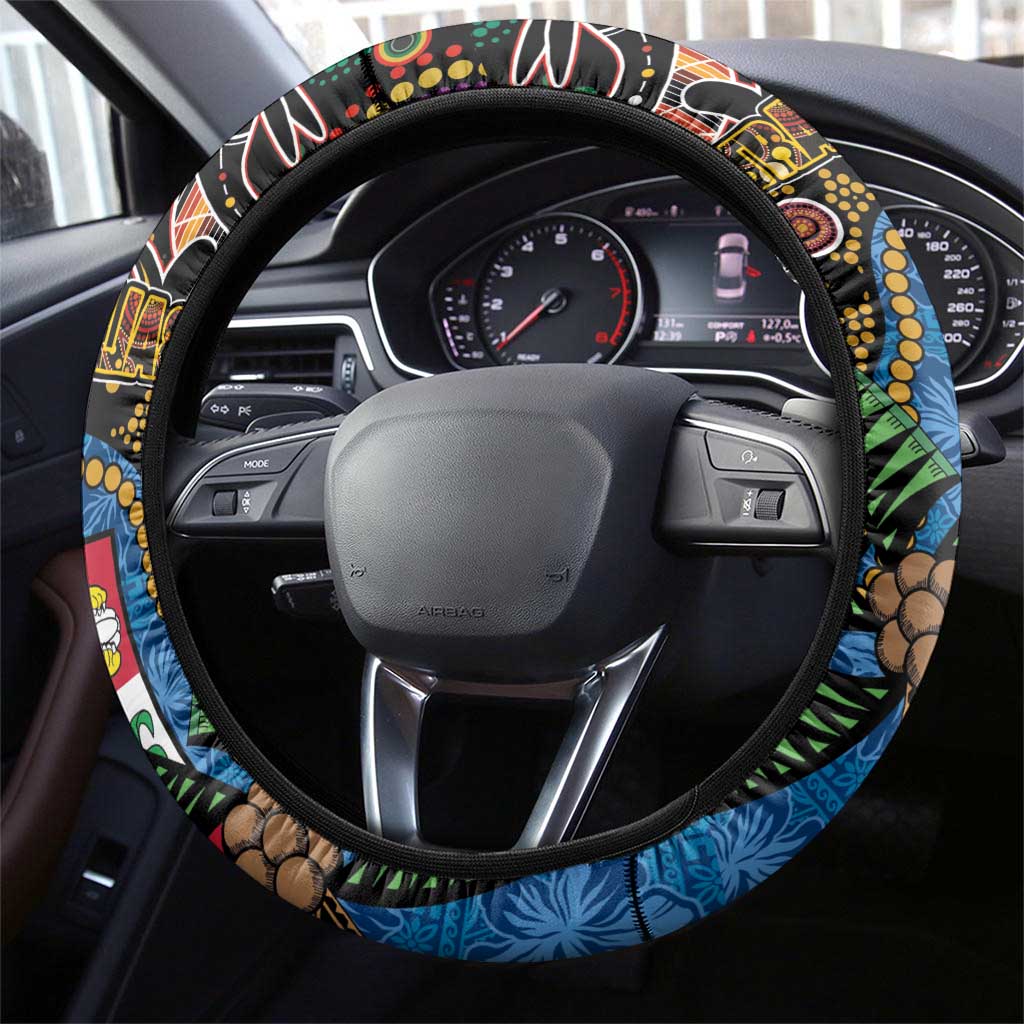 Fijian and Australian Culture Together Steering Wheel Cover Aboriginal Art and Tapa Motifs with Kangaroo and Palm Tree - Polynesian Pride