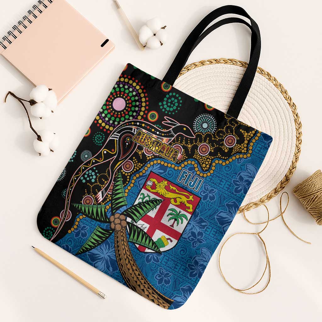 Fijian and Australian Culture Together Tote Bag Aboriginal Art and Tapa Motifs with Kangaroo and Palm Tree LT03 Black Strap One Size Black - Polynesian Pride