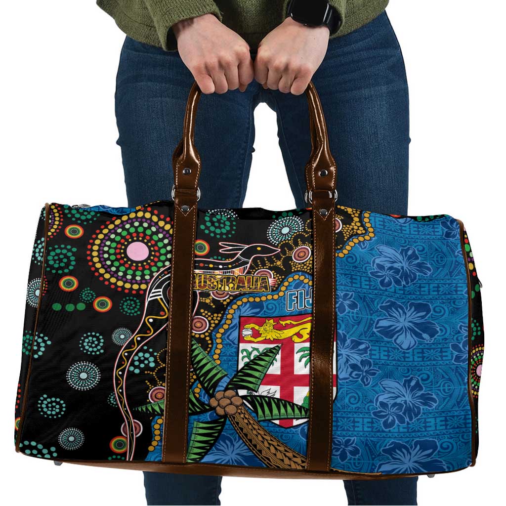 Fijian and Australian Culture Together Travel Bag Aboriginal Art and Tapa Motifs with Kangaroo and Palm Tree - Polynesian Pride