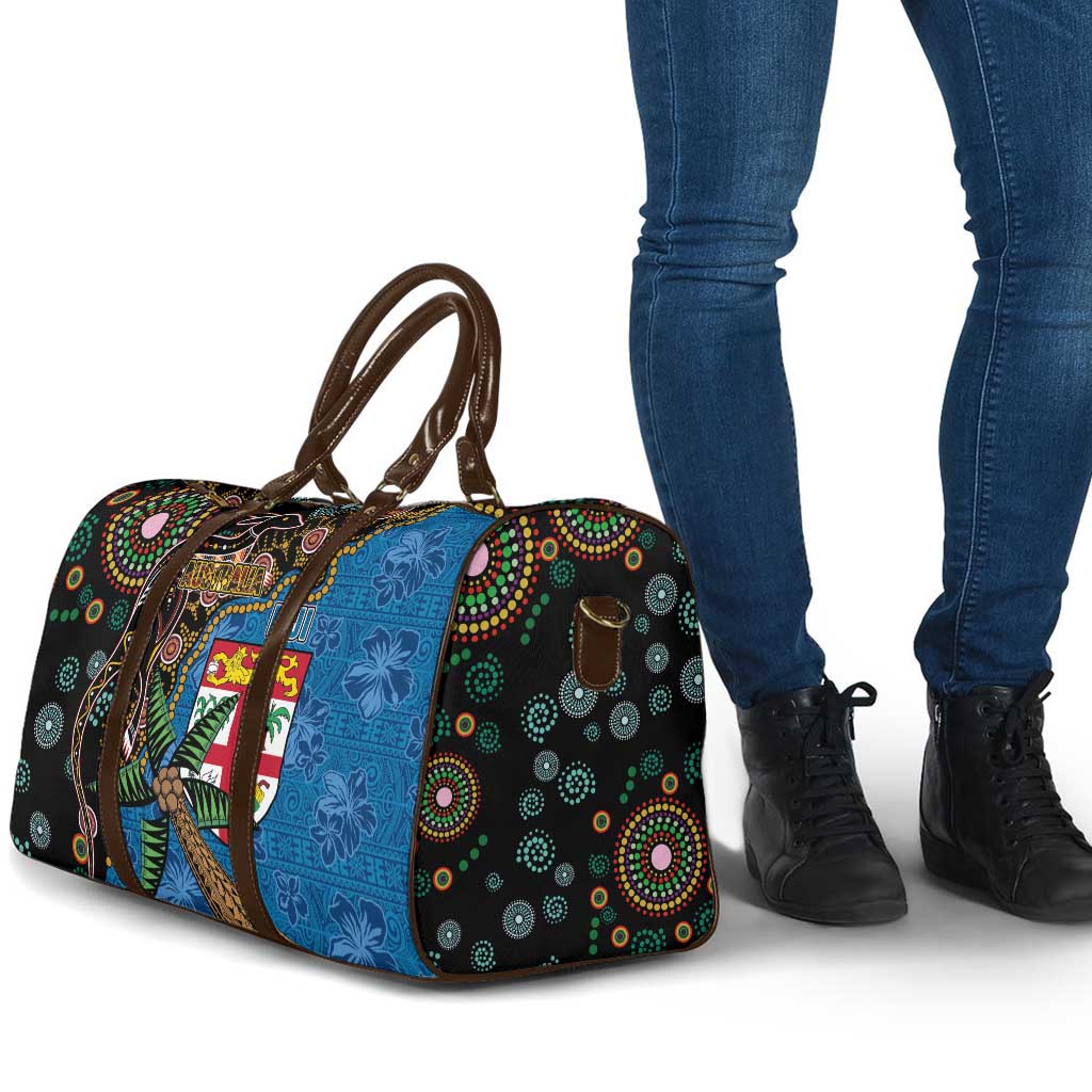 Fijian and Australian Culture Together Travel Bag Aboriginal Art and Tapa Motifs with Kangaroo and Palm Tree - Polynesian Pride