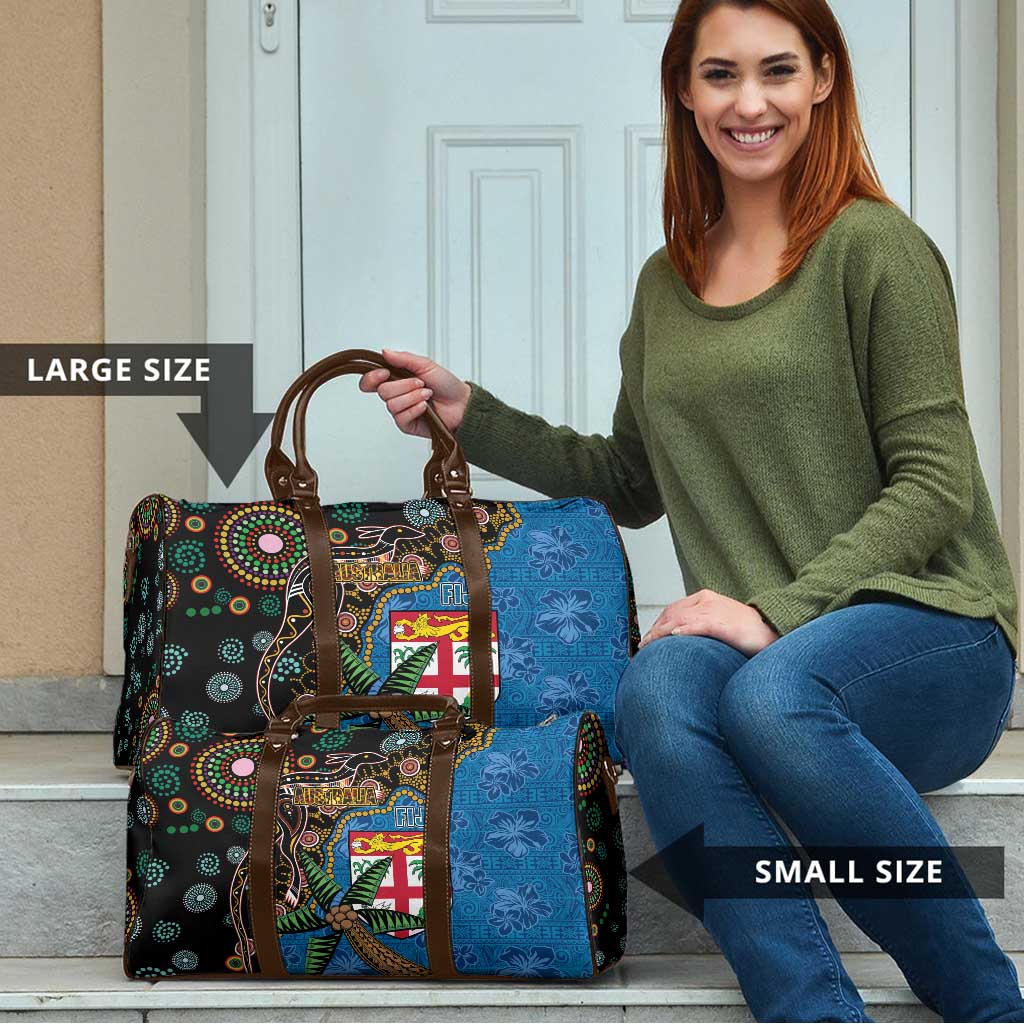 Fijian and Australian Culture Together Travel Bag Aboriginal Art and Tapa Motifs with Kangaroo and Palm Tree - Polynesian Pride