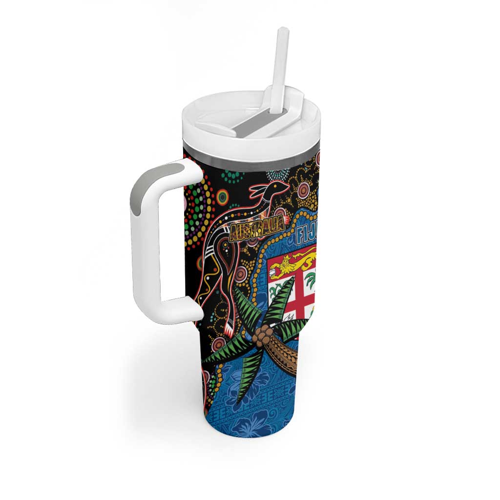 Fijian and Australian Culture Together Tumbler With Handle Aboriginal Art and Tapa Motifs with Kangaroo and Palm Tree - Polynesian Pride