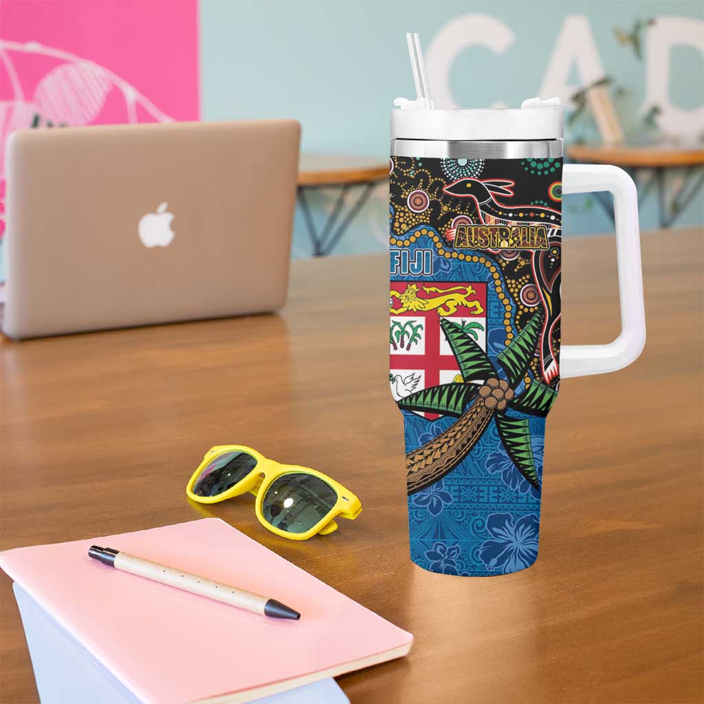 Fijian and Australian Culture Together Tumbler With Handle Aboriginal Art and Tapa Motifs with Kangaroo and Palm Tree - Polynesian Pride