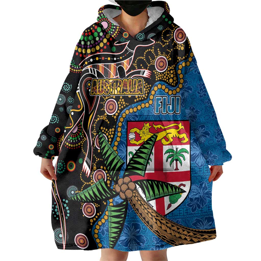 Fijian and Australian Culture Together Wearable Blanket Hoodie Aboriginal Art and Tapa Motifs with Kangaroo and Palm Tree - Polynesian Pride