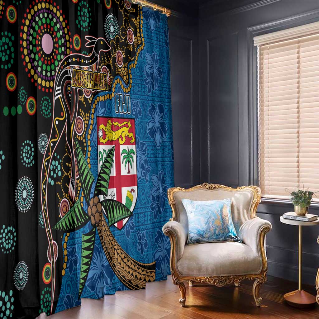 Fijian and Australian Culture Together Window Curtain Aboriginal Art and Tapa Motifs with Kangaroo and Palm Tree - Polynesian Pride