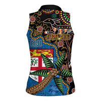 Fijian and Australian Culture Together Women Sleeveless Polo Shirt Aboriginal Art and Tapa Motifs with Kangaroo and Palm Tree - Polynesian Pride