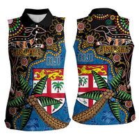 Fijian and Australian Culture Together Women Sleeveless Polo Shirt Aboriginal Art and Tapa Motifs with Kangaroo and Palm Tree - Polynesian Pride