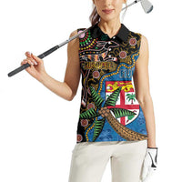Fijian and Australian Culture Together Women Sleeveless Polo Shirt Aboriginal Art and Tapa Motifs with Kangaroo and Palm Tree - Polynesian Pride