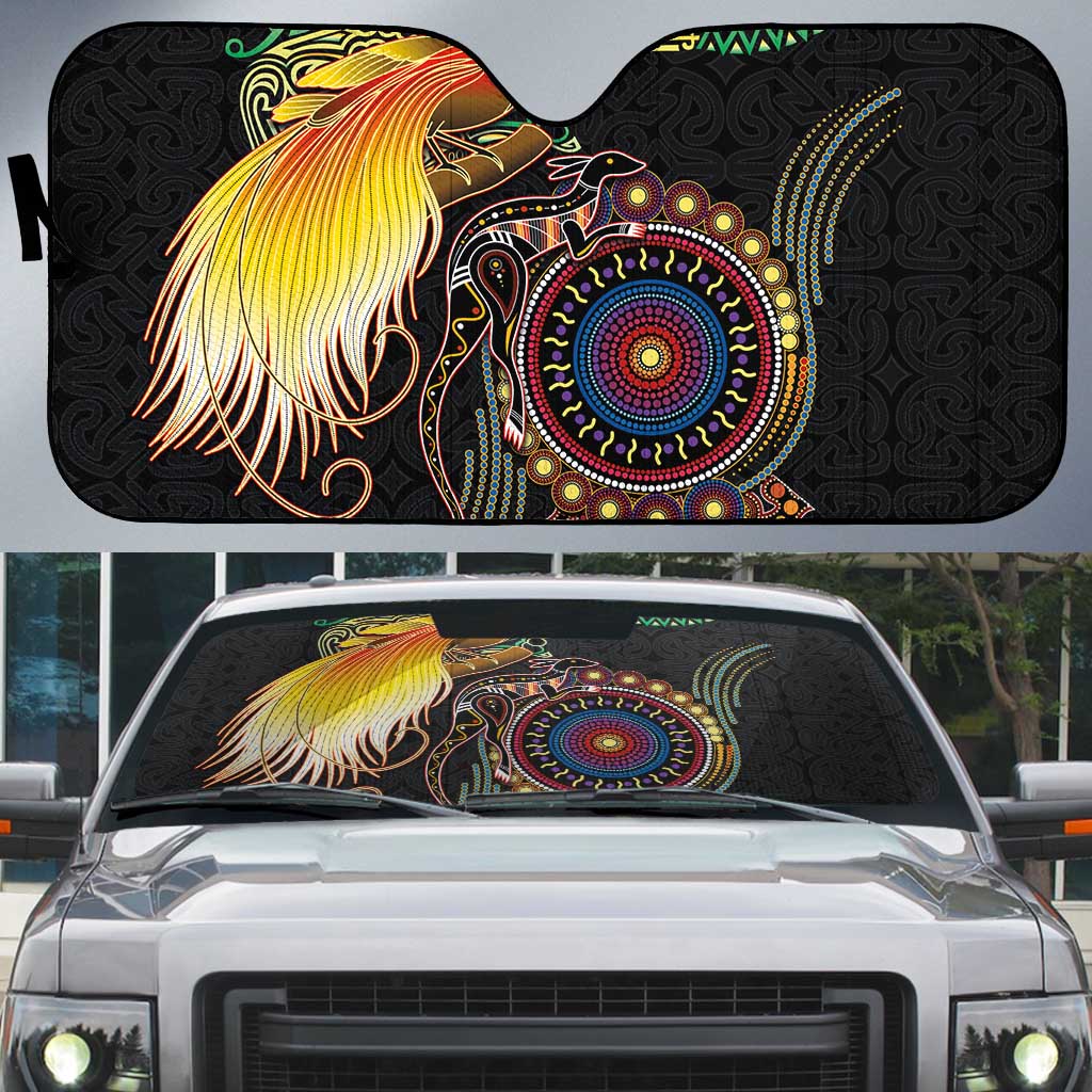 Papua New Guinea and Australia Together Auto Sun Shade Bird of Paradise and Kangaroo Melanesian Aboriginal Motifs - Polynesian Pride