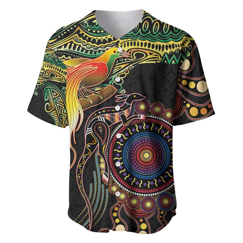 Papua New Guinea and Australia Together Baseball Jersey Bird of Paradise and Kangaroo Melanesian Aboriginal Motifs - Polynesian Pride