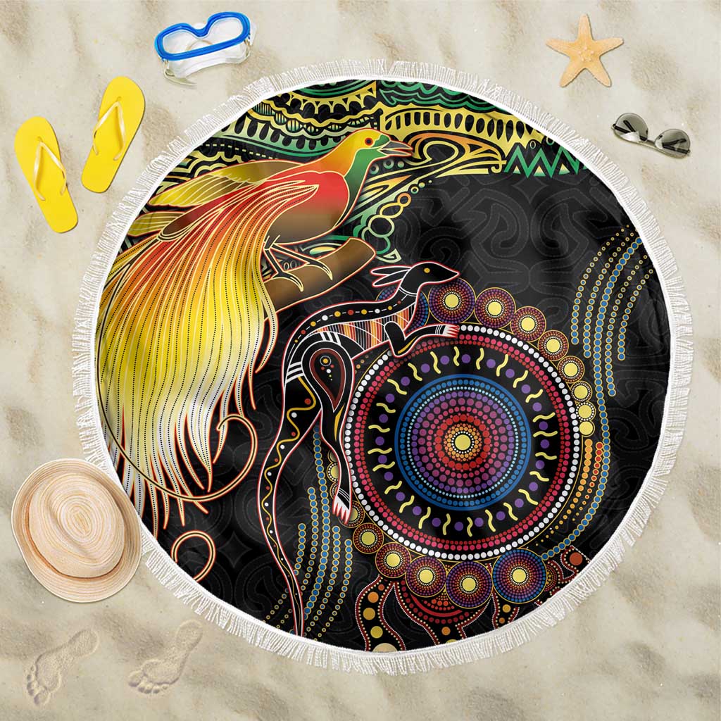 Papua New Guinea and Australia Together Beach Blanket Bird of Paradise and Kangaroo Melanesian Aboriginal Motifs - Polynesian Pride