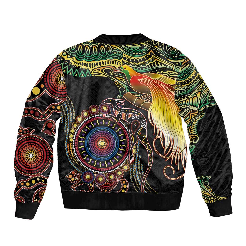 Papua New Guinea and Australia Together Bomber Jacket Bird of Paradise and Kangaroo Melanesian Aboriginal Motifs - Polynesian Pride